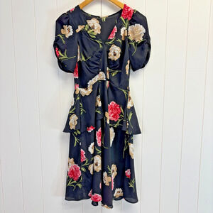 Retro Womens Whimsigoth Floral Secretary Chiffon Floral‎ Midi Dress Size S Sheer